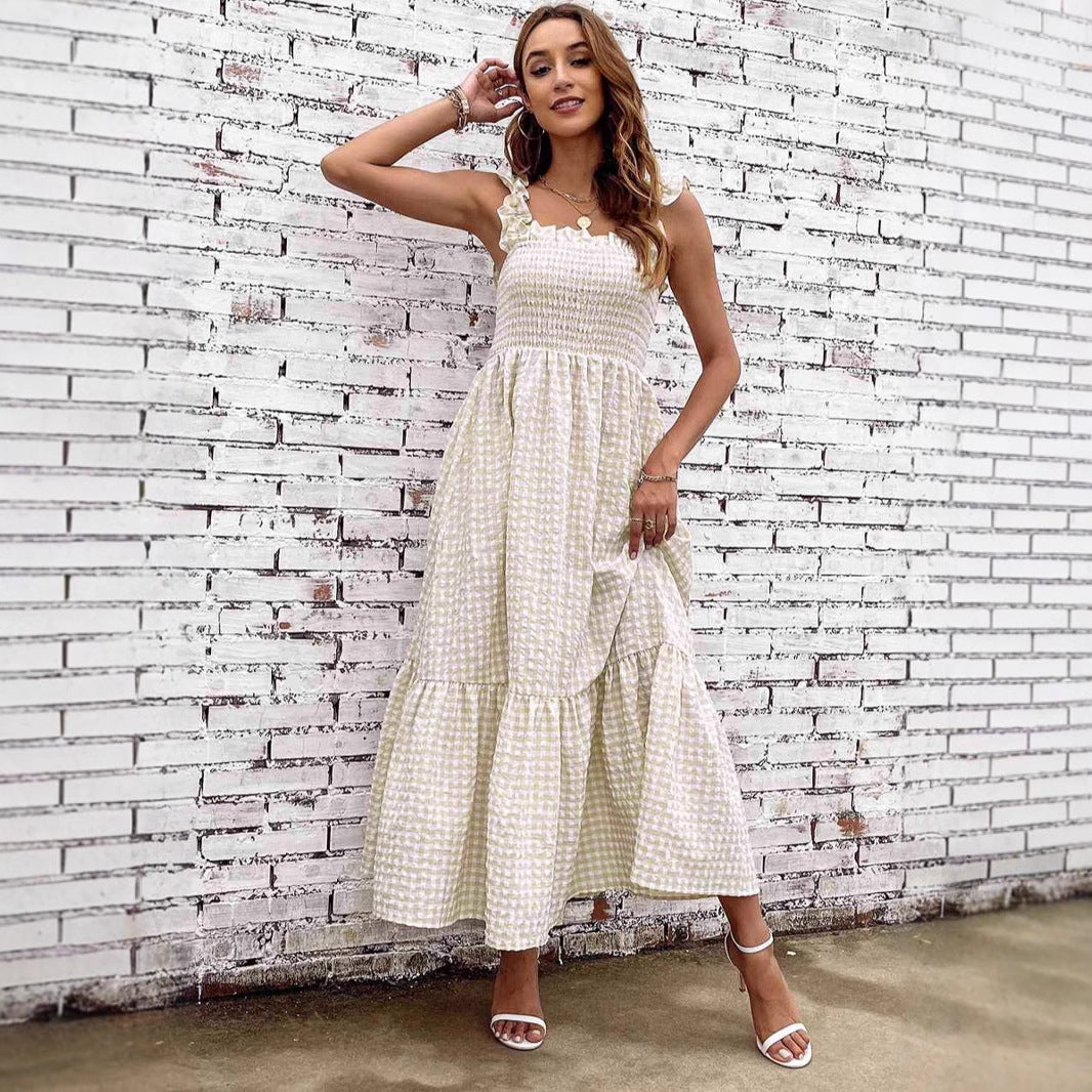 Women’s A-Line Maxi Dress – Smocked Bodice – Tiered Skirt – Spaghetti Straps – Checkered Pattern