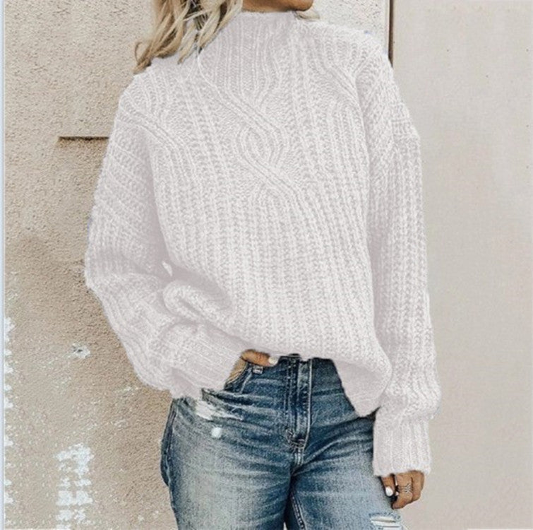 Women’s Knit Sweater - Cable Pattern - Relaxed Fit - Mock Neck Casual Pullover