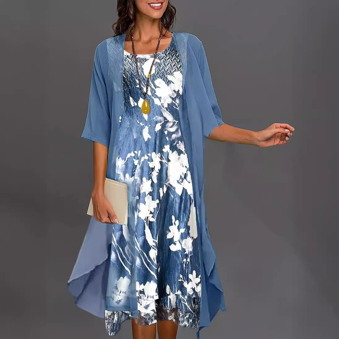 Women’s Midi Dress Set – Relaxed Fit – Sheer Overlay – Floral Print – Asymmetrical Hem