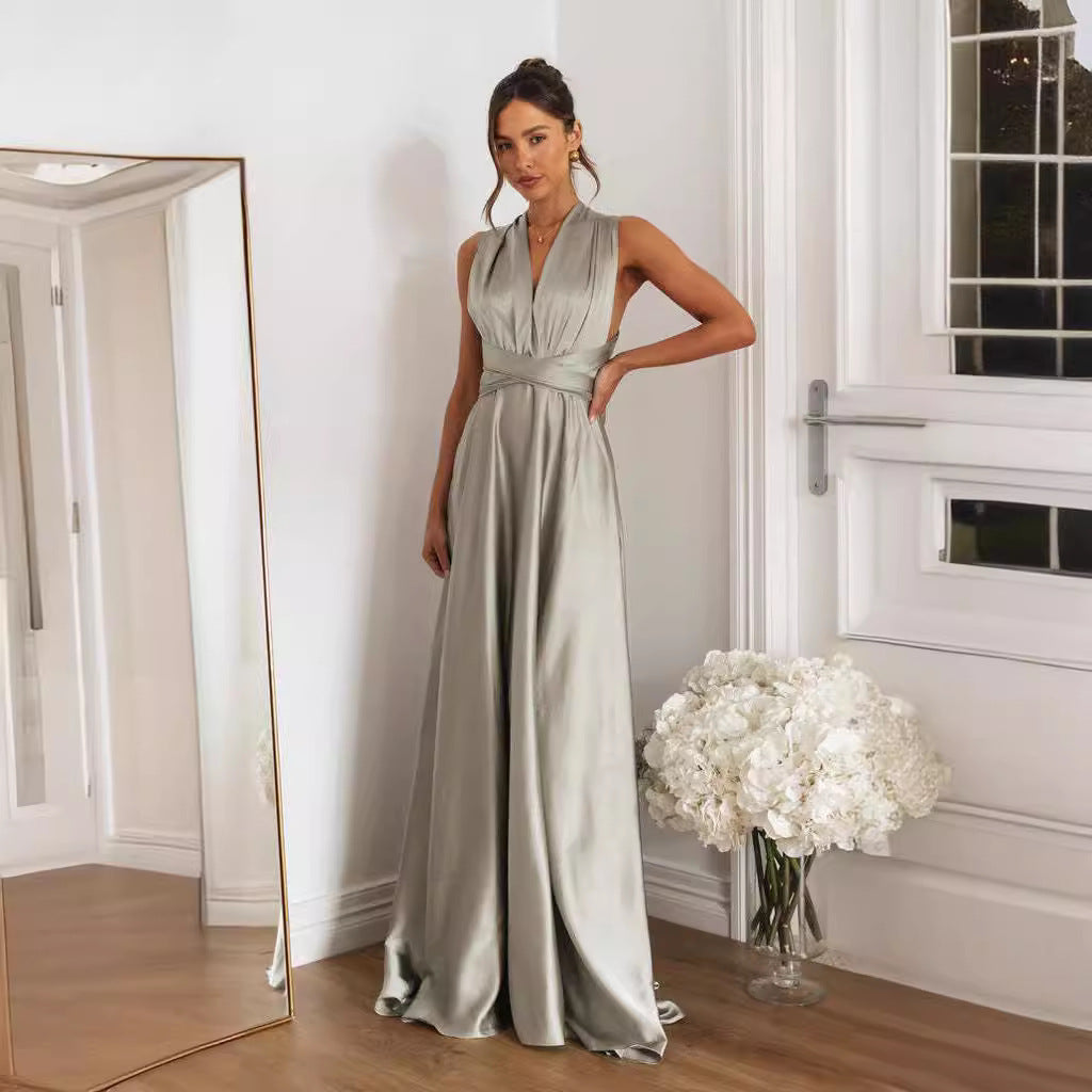 Women’s Maxi Dress – Satin Finish – A-Line Fit – Criss-Cross Back – Halter Neckline
