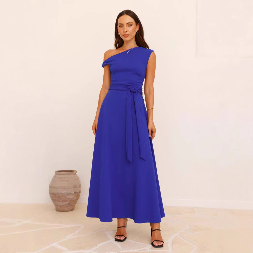 Women’s Maxi Dress – One-Shoulder Asymmetrical Neckline – Waist Tie – Flowy Fit