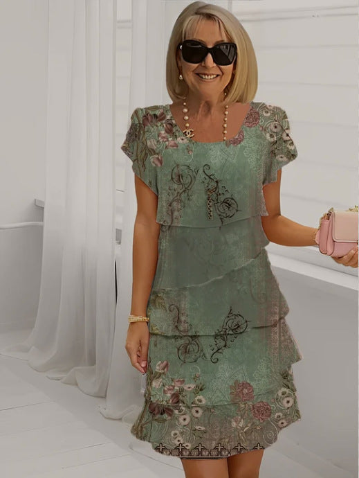 Women’s Midi Dress – Flowy Layered Chiffon – Relaxed Fit – Short Sleeve – Floral Print