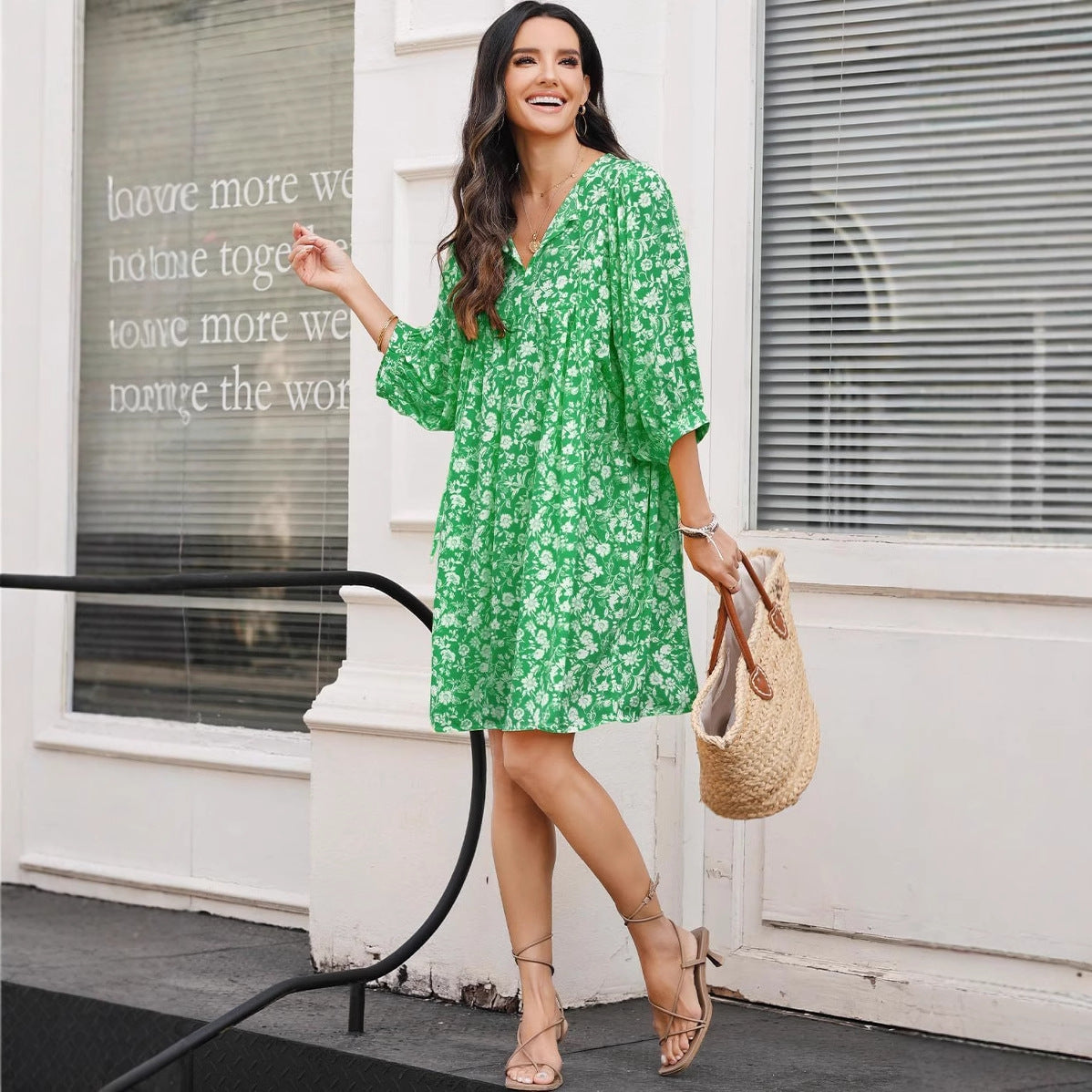 Women’s Midi Dress – Cotton Blend – V-Neck – Lantern Sleeve – Bohemian Floral Print
