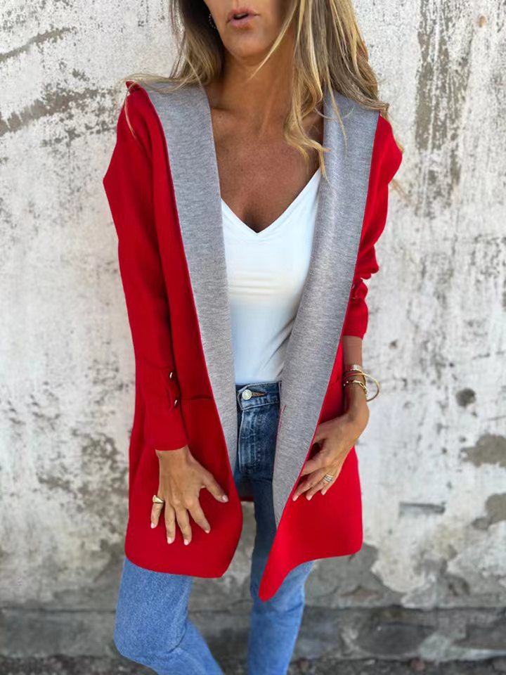 Women’s Hooded Cardigan – Soft Knit – Relaxed Fit – Contrast Trim – Front Pockets