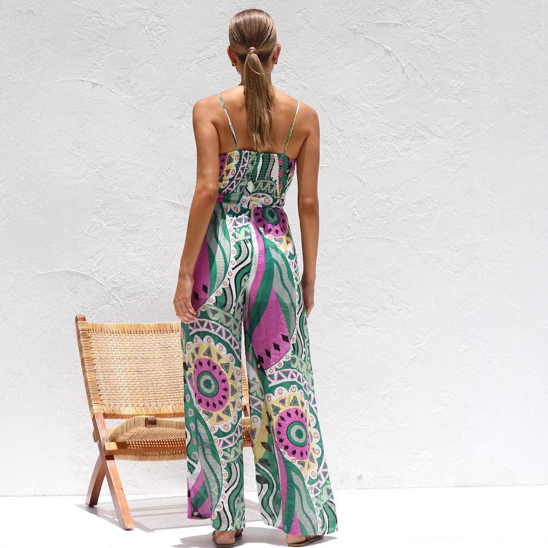 Women’s Jumpsuit – Wide Leg – Spaghetti Strap – Front Tie Cut-Out – Breathable Fabric