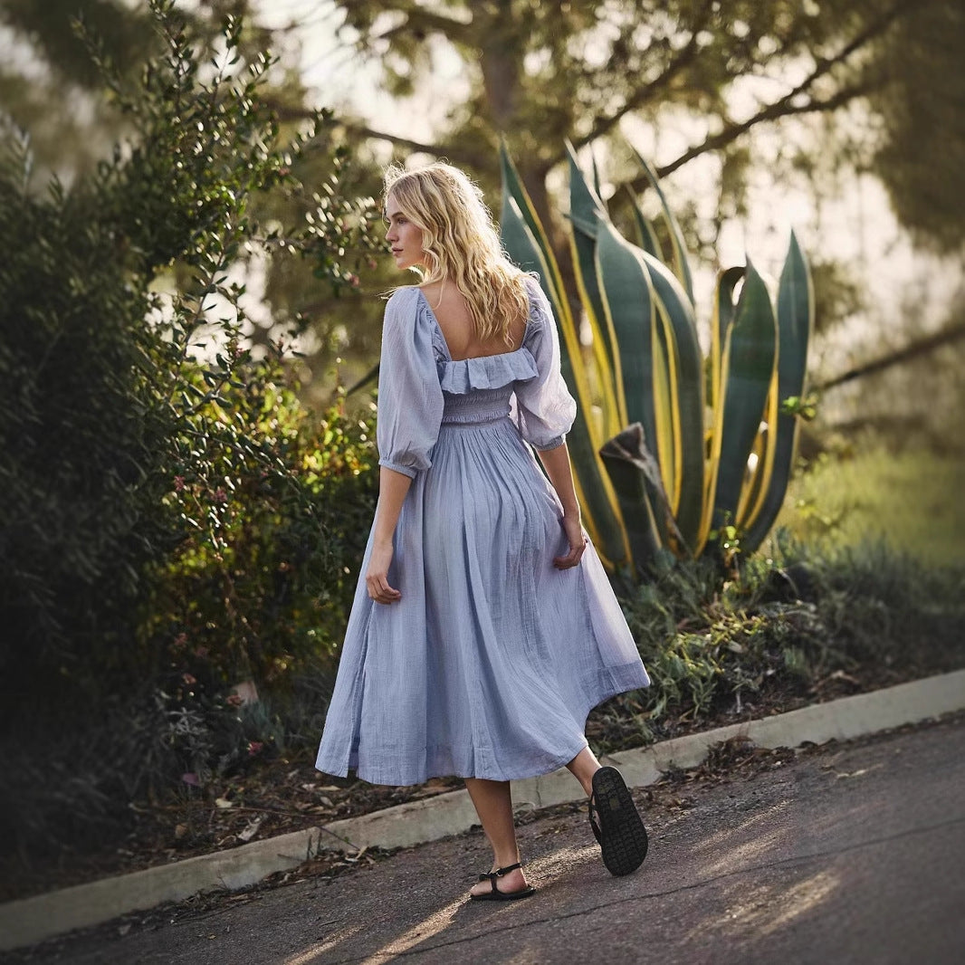 Women’s A-Line Dress – Cotton Blend – Smocked Waist – V-Neck Ruffle – Long Sleeve
