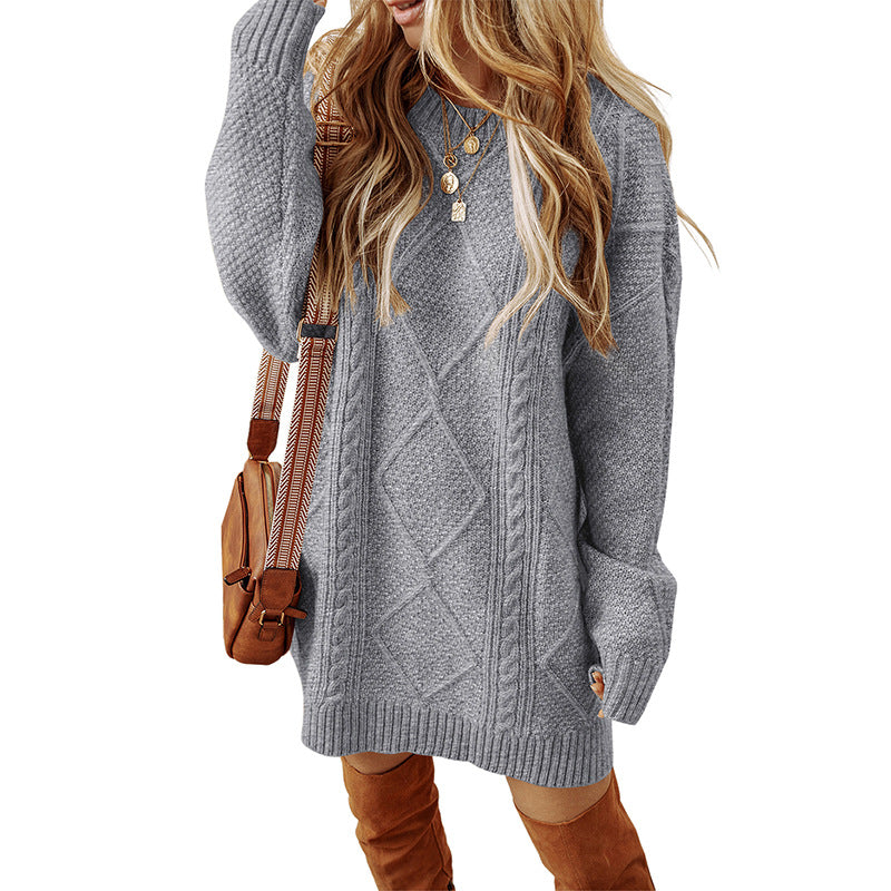 Women’s Sweatshirt – Cable Knit Wool – Loose Fit – Knee Length – Long Sleeve Casual Wear
