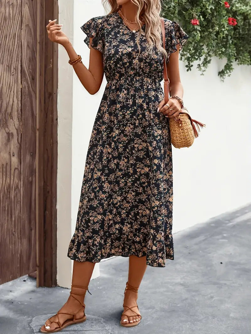 Women’s Midi Dress – Cotton Blend – V-Neck – Flutter Sleeve – Floral Ruffle Hem