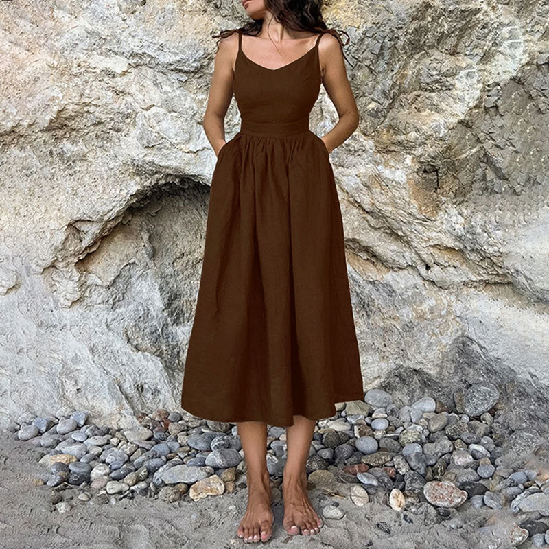 Women’s Midi Dress – Linen Blend – V-Neck – Open Back – Adjustable Straps – Side Slit