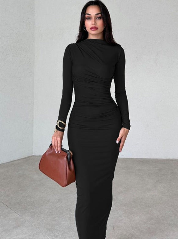 Women’s Maxi Dress - Bodycon Fit - Long Sleeve - High Neck - Elegant Ruched Design