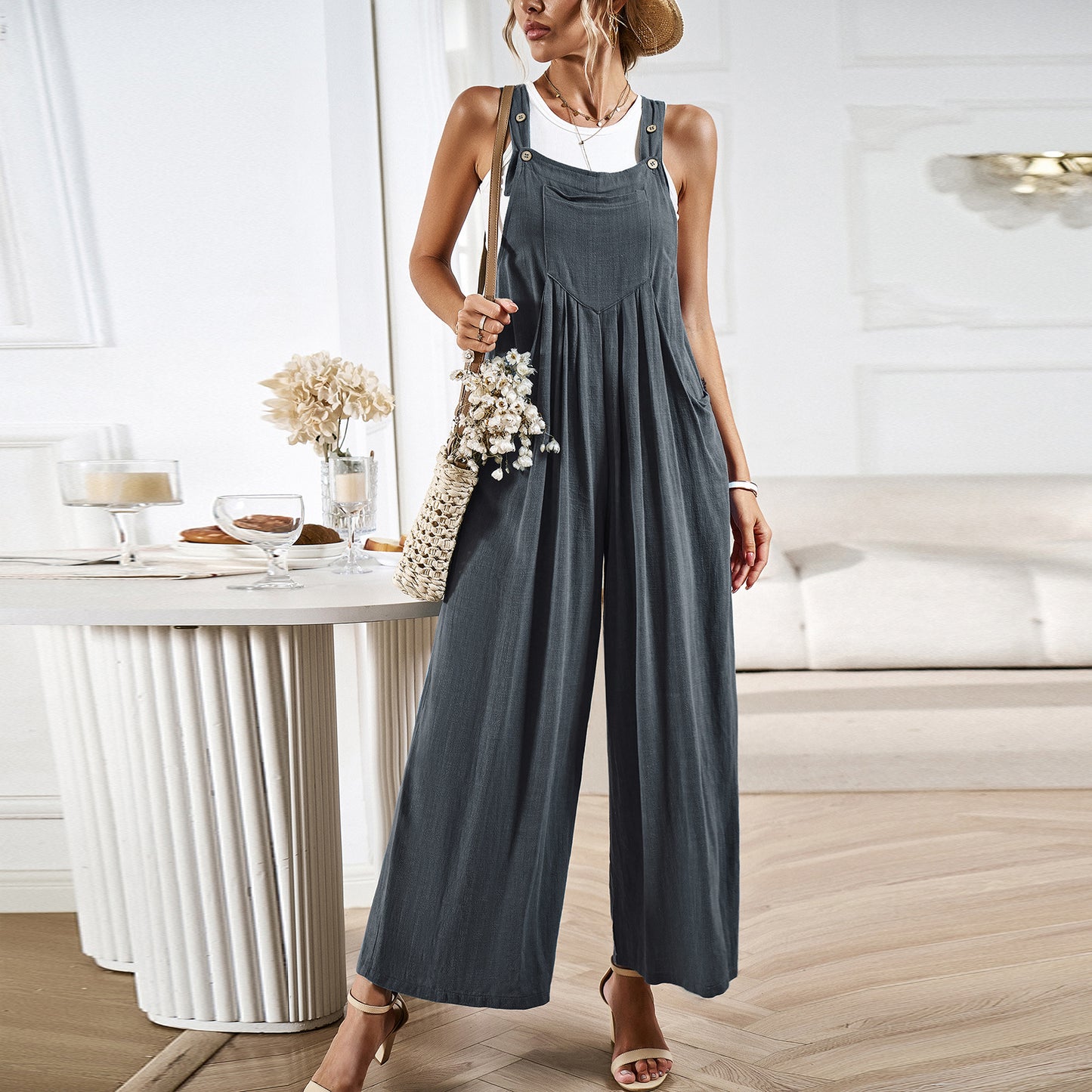 Women's Jumpsuit - Relaxed Fit - Wide Straps with Buttons - Breathable Casual Wear