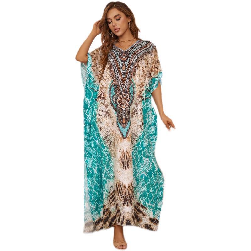 Women's Kaftan Dress - Flowy Lightweight Long Length - Boho V-Neck Short Sleeve