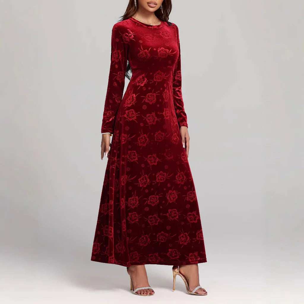 Women’s Maxi Dress – Velvet A-Line Fit – Floral Embossed – Long Sleeve Formal Wear
