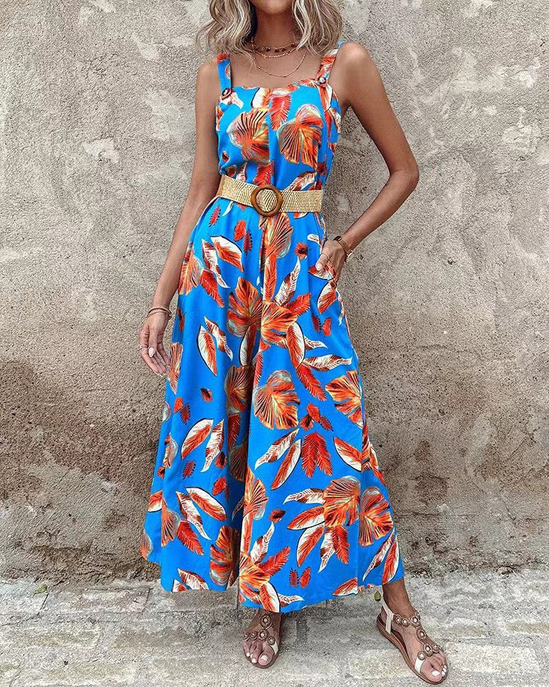 Women’s Jumpsuit – Tailored Waist – Floral Design – Wide Leg – Breathable Blend