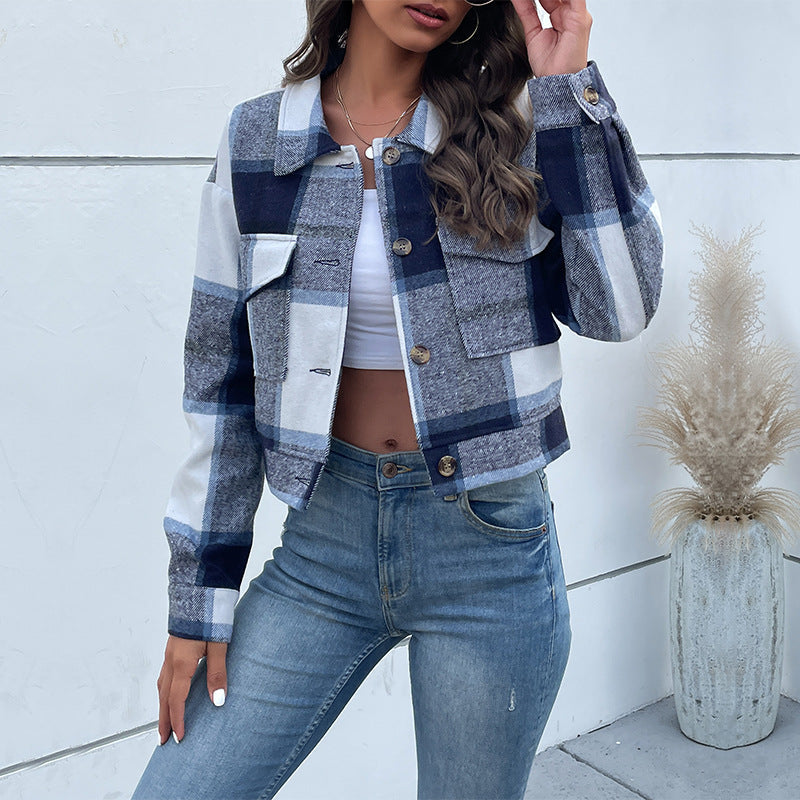 Women's single-breasted plaid lapel jacket