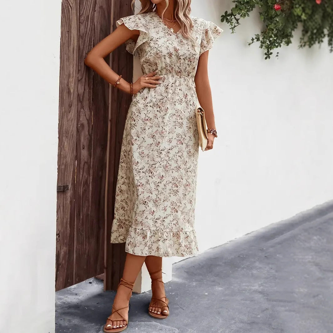 Women’s Midi Dress – Cotton Blend – V-Neck – Flutter Sleeve – Floral Ruffle Hem