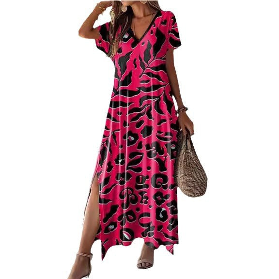 Women’s Maxi Dress – Relaxed Fit – V-Neck – Short Sleeve – Breathable – Side Slit
