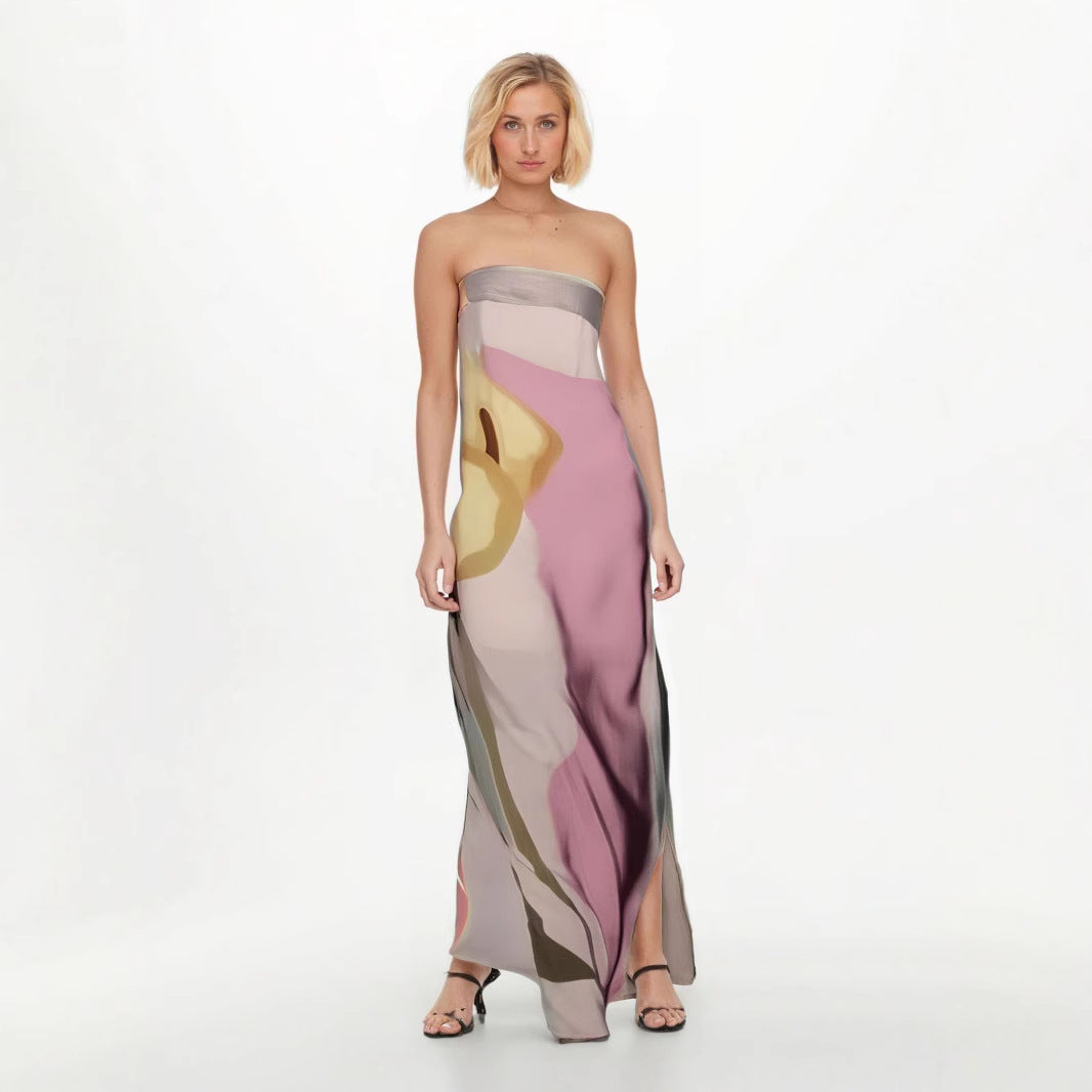 Women’s Strapless Midi Dress – Abstract Print – Flowing Fit – Lightweight Fabric