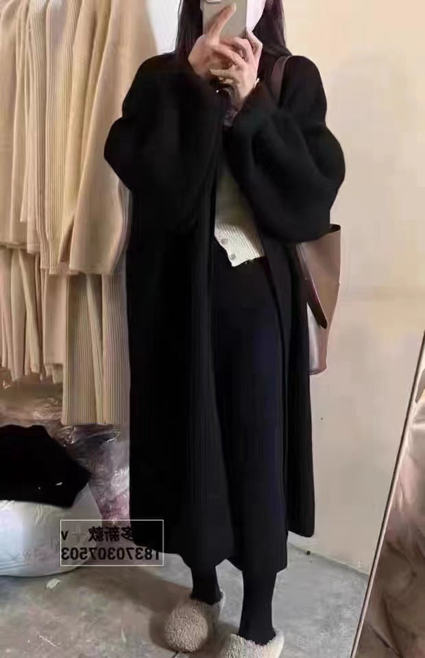Women’s Cardigan Coat – Oversized Fit – Wool Knit – Full Length – Draped Open Front