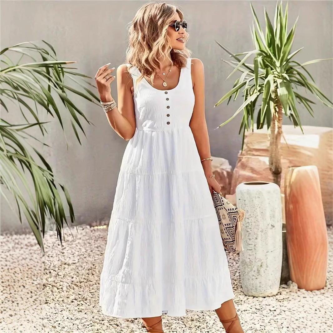 Women’s Maxi Dress – Sleeveless A-Line – U-Neck – Tiered Skirt – Button Front – Cotton Blend