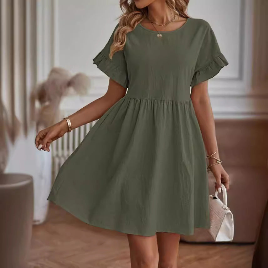 Linen Blend Ruffle Sleeve Loose Fit Dress