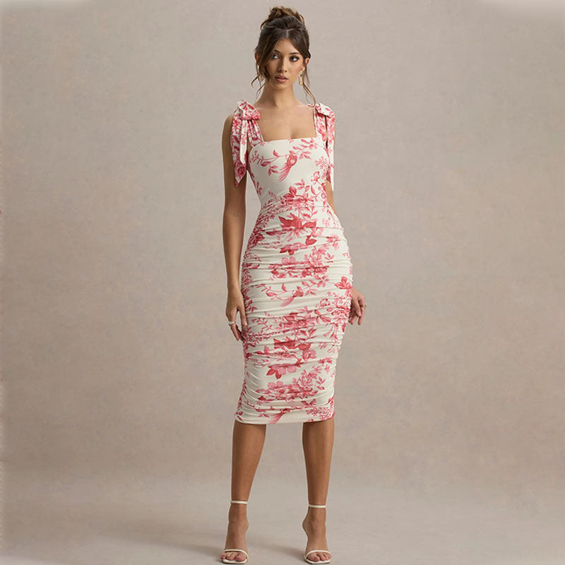 Women's Bodycon Dress - Floral Print - Tie Shoulder Straps - Slim Fit Midi-Length