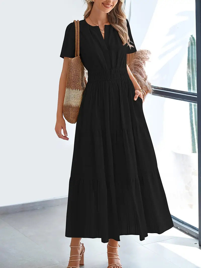 Women’s Maxi Dress – V-Neck – Puff Sleeve – Ruched Waist – Soft A-Line Fit