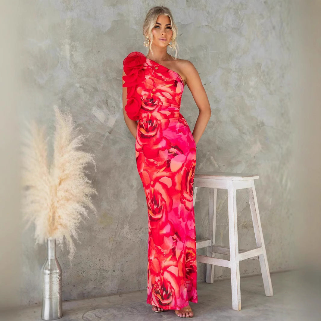 Women’s Midi Dress – Slim Fit – One Shoulder – 3D Floral Accent – Satin Finish