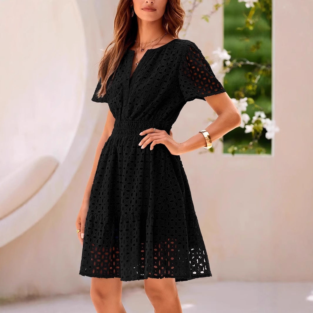 Women’s A-Line Dress – V-Neck – Eyelet Detail – Smocked Waist – Short Sleeve Cotton Blend