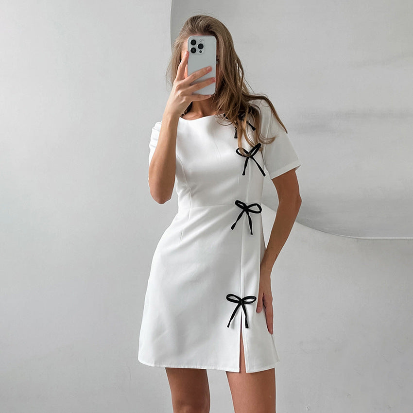 Women’s A-Line Dress – Short Sleeve – Round Neck – Bow Detail – Mini Length Slit Hem