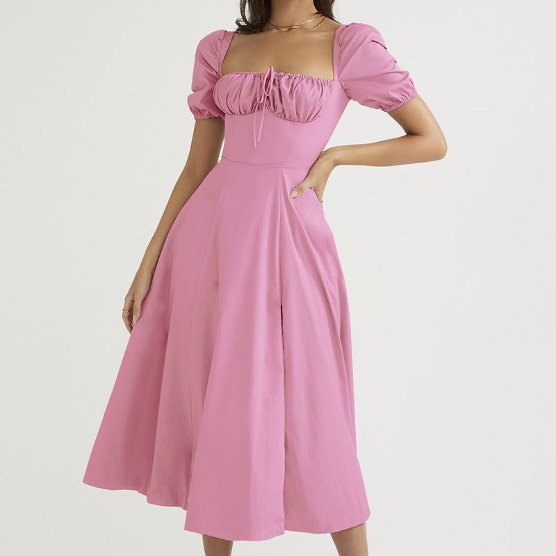 Women’s Off-Shoulder Dress – Puff Sleeve – Tie Neck – High Slit – Midi A-Line Fit