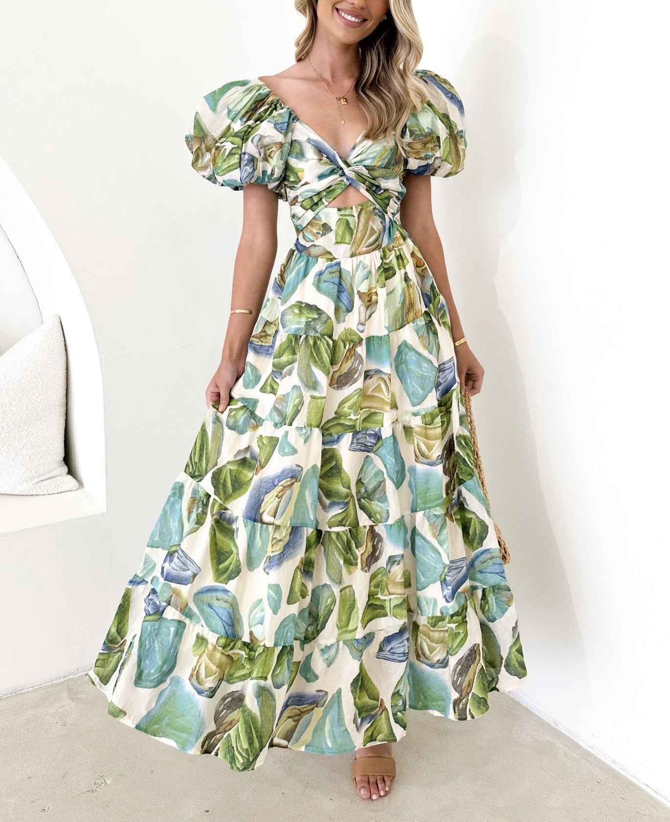 Women’s Maxi Dress – Puff Sleeve – Elegant Print – Flowy Fit – Lightweight Cotton