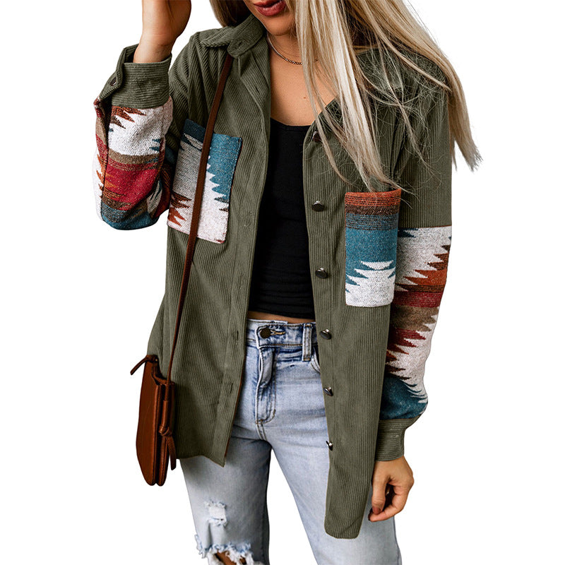Women’s Cardigan Jacket – Corduroy Texture – Aztec Pattern – Relaxed Fit – Button-Up