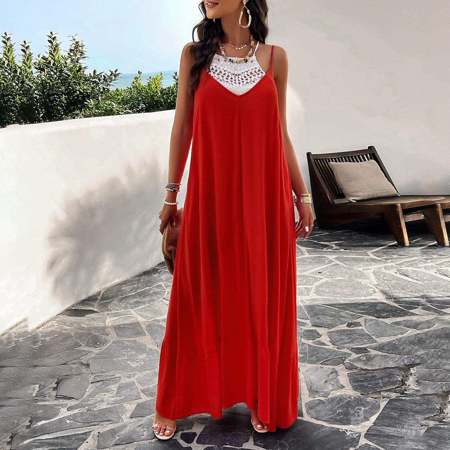 Women’s Maxi Dress – A-Line Fit – V-Neck – Lace Trim – Lightweight Cotton Blend