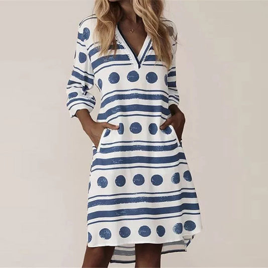 Polka Dot & Stripe V-Neck Shift Dress