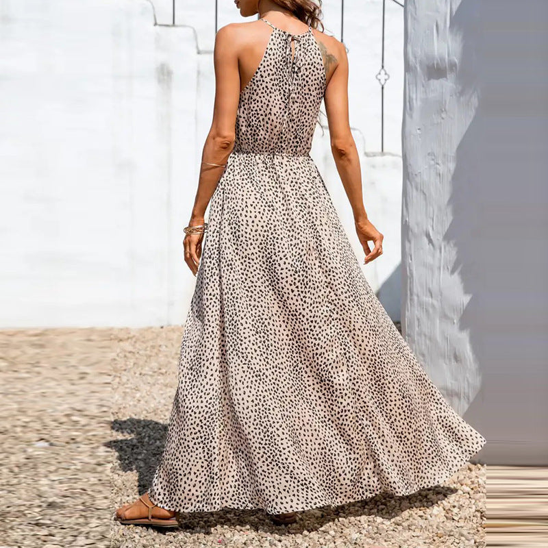 Women’s Halter Neck Dress – A-Line Fit – Polka Dot – High Slit – Full Length Elegant Style