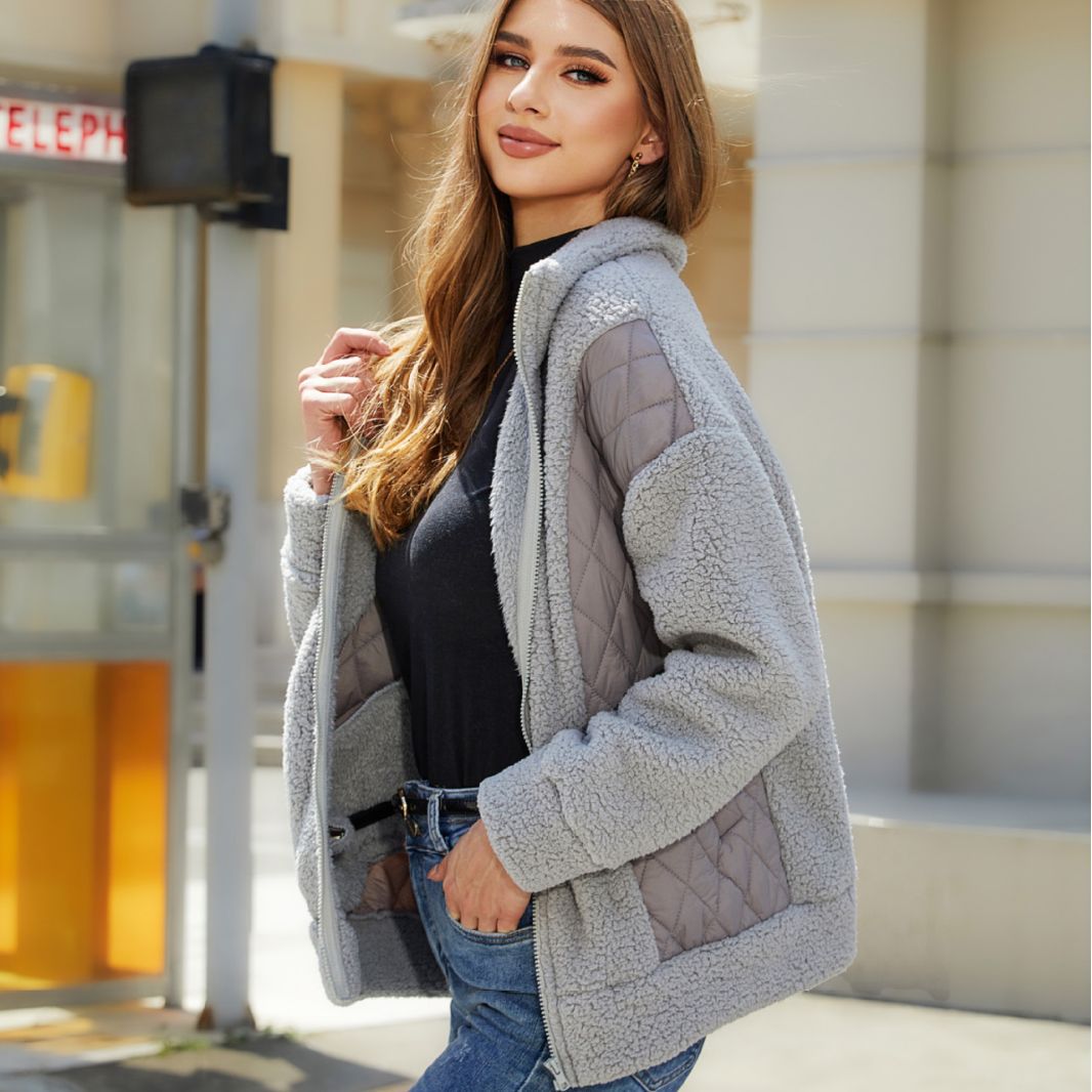 Women's plush zip-up spliced velvet jacket