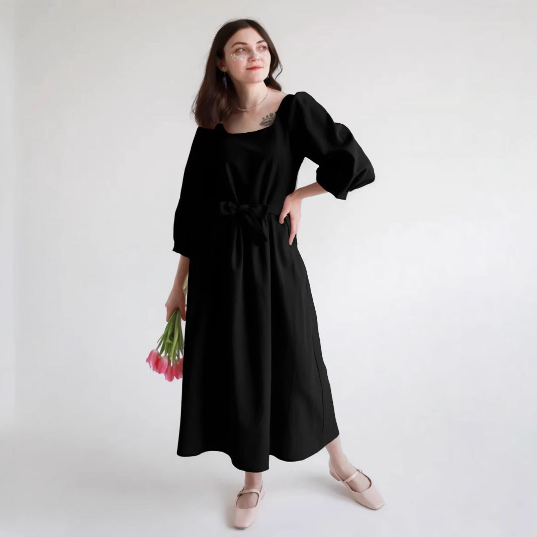 Women’s Midi Dress – Lightweight Cotton – Loose Fit – Square Neck – Long Sleeve