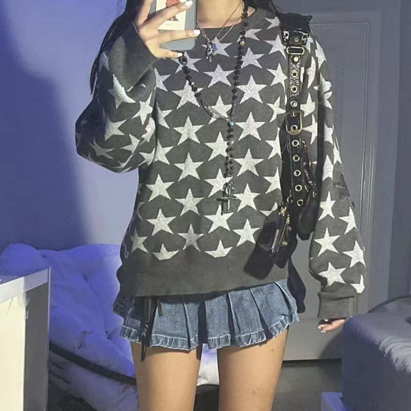 Women’s Sweatshirt – Relaxed Fit – Cotton Blend – Crew Neck – Star Print – Ribbed Cuffs