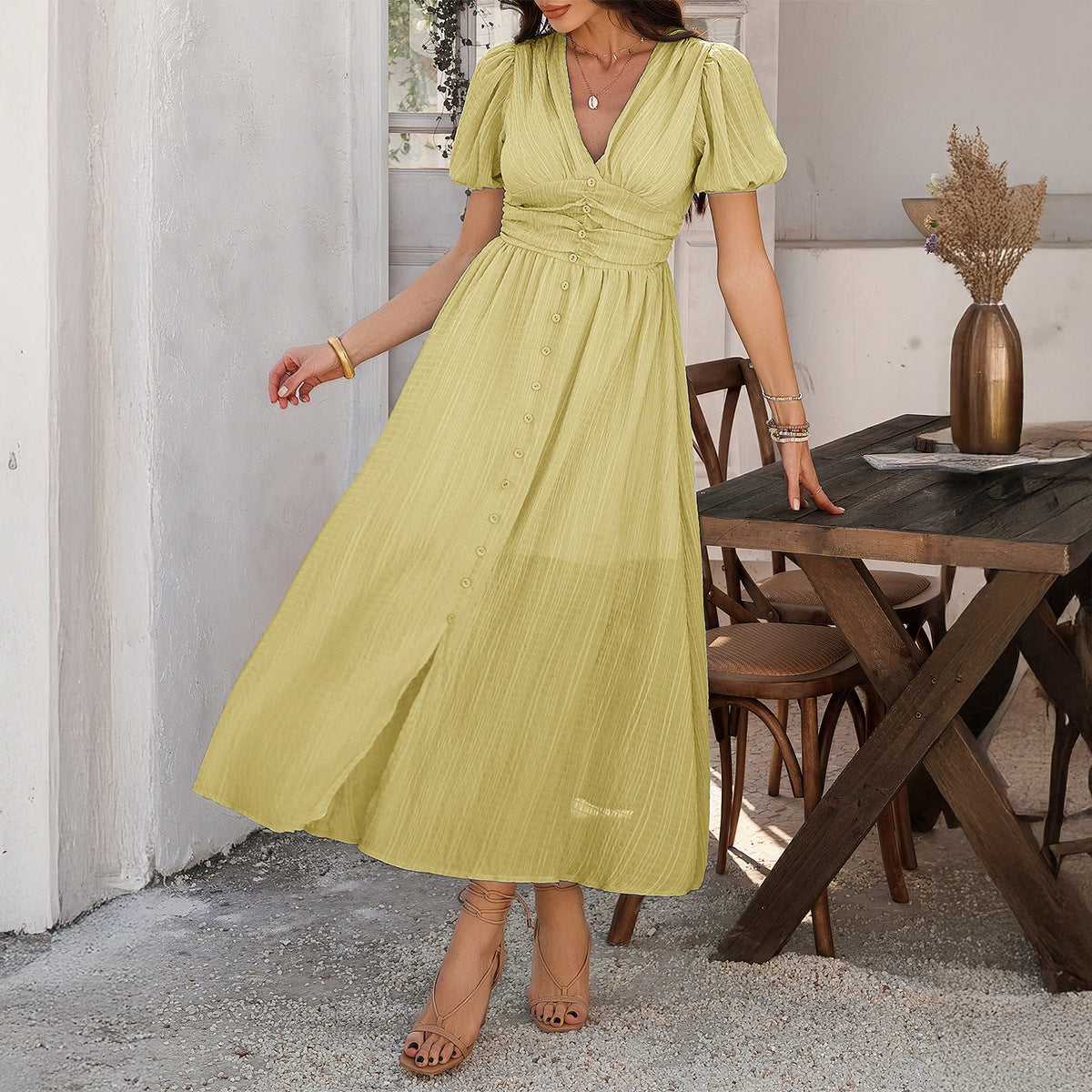 Women’s Maxi Dress – V-Neck – Puff Sleeve – Front Slit – Button Front – Cotton Blend