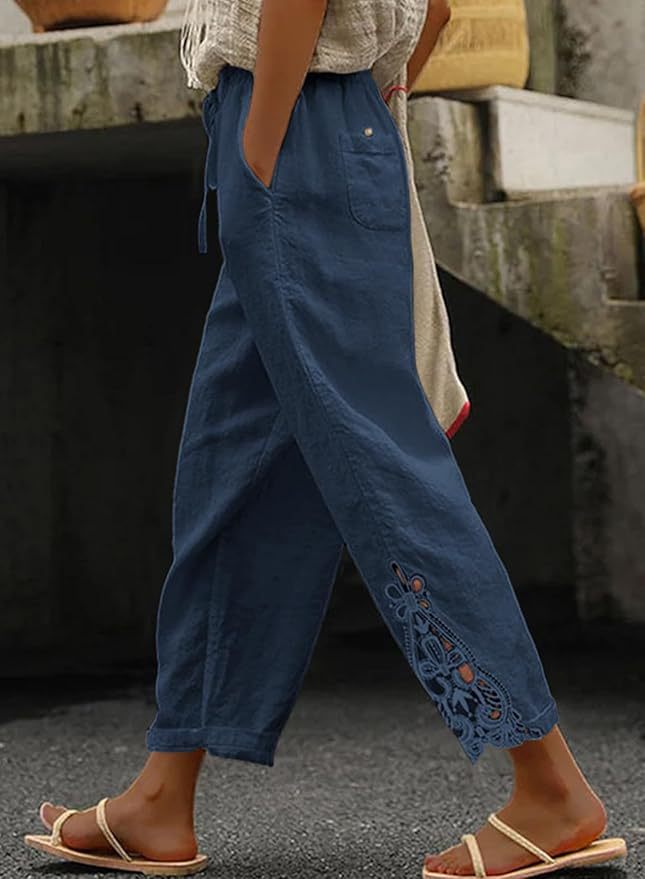 Women's Casual Pants - Comfortable Fiber Blend - Elastic Waist - Ankle Length - Lace-Up Detail