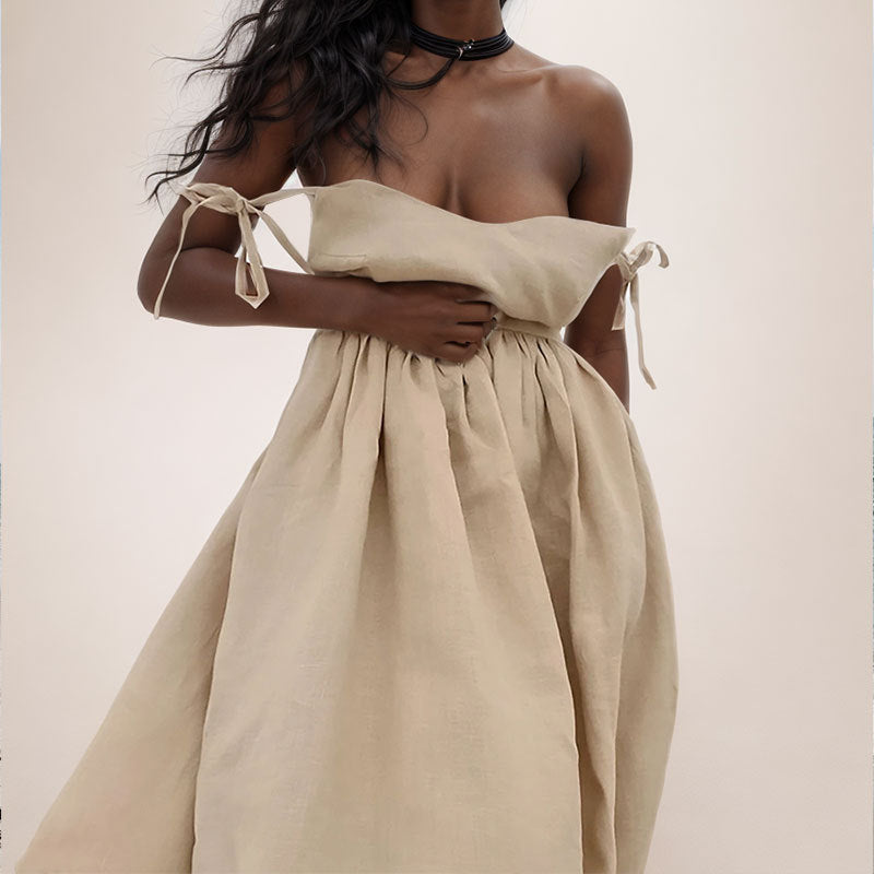 Linen Blend Adjustable V-Neck Midi Dress