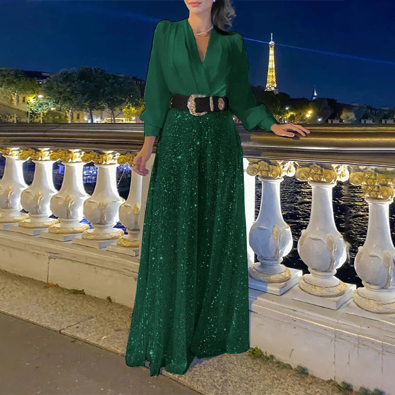 Women's v-neck top with sparkly wide leg pants set