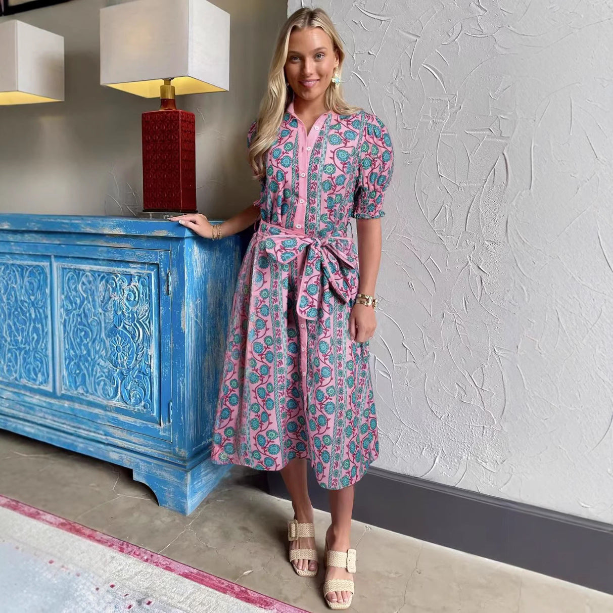 Belted Puff Sleeve Cotton Blend Midi Dress