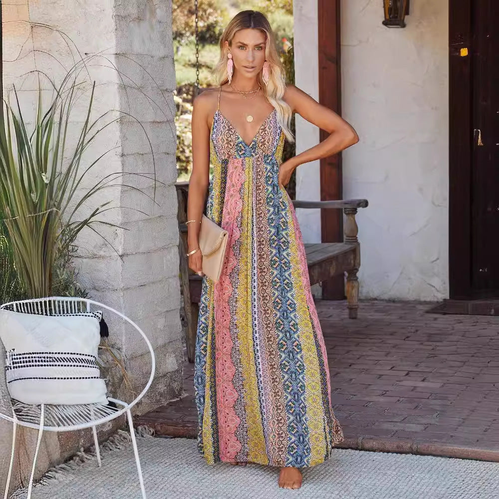 Women’s Maxi Dress – V-Neck – Open Back – Spaghetti Straps – Flowy Cotton Blend