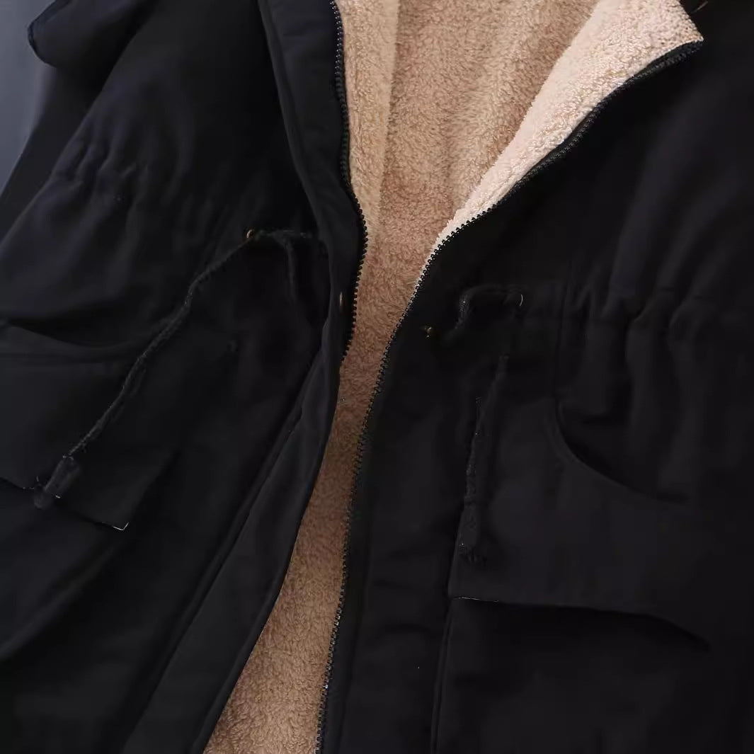 Women’s Parka Jacket – Loose Fit – Plush Lined – Hooded – Drawstring Waist – Mid-Thigh