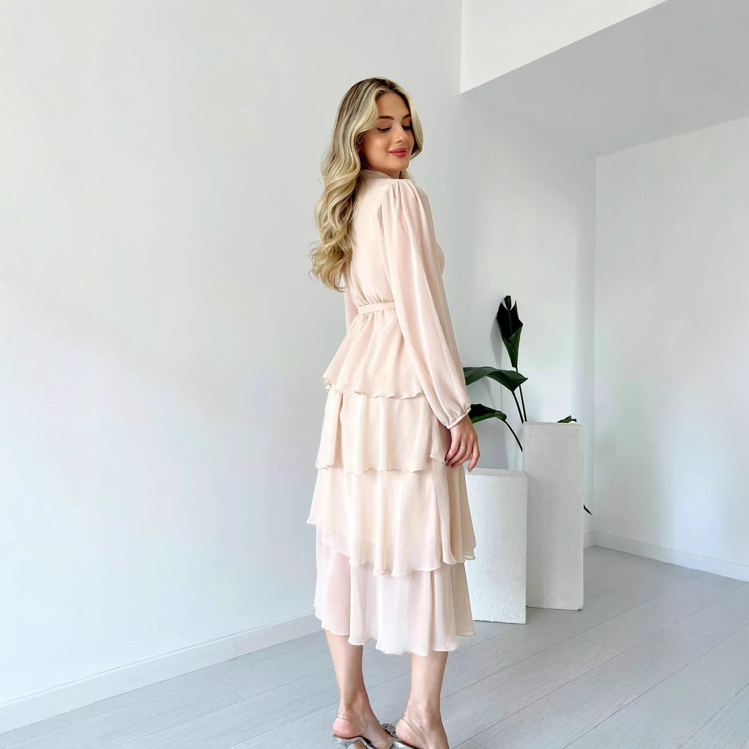 Women’s Chiffon Dress – Tiered A-Line Midi – Long Sleeve – High Neck Tie Waist