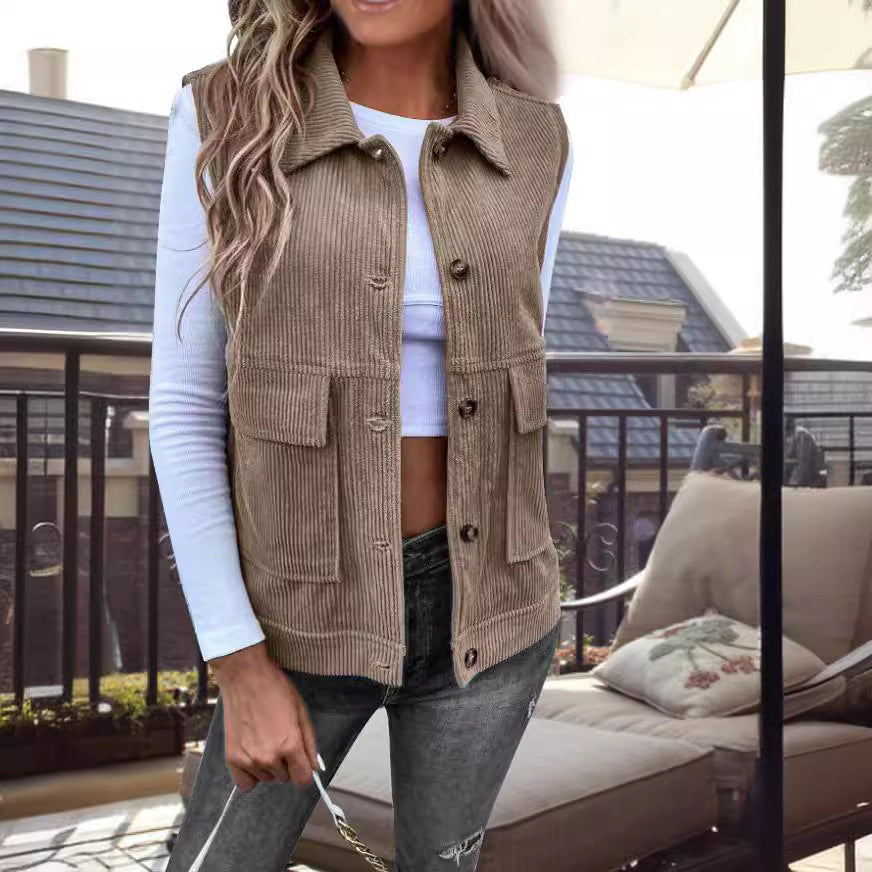 Women’s Sleeveless Cardigan Vest – Corduroy – Relaxed Fit – Button Front – Utility Pockets