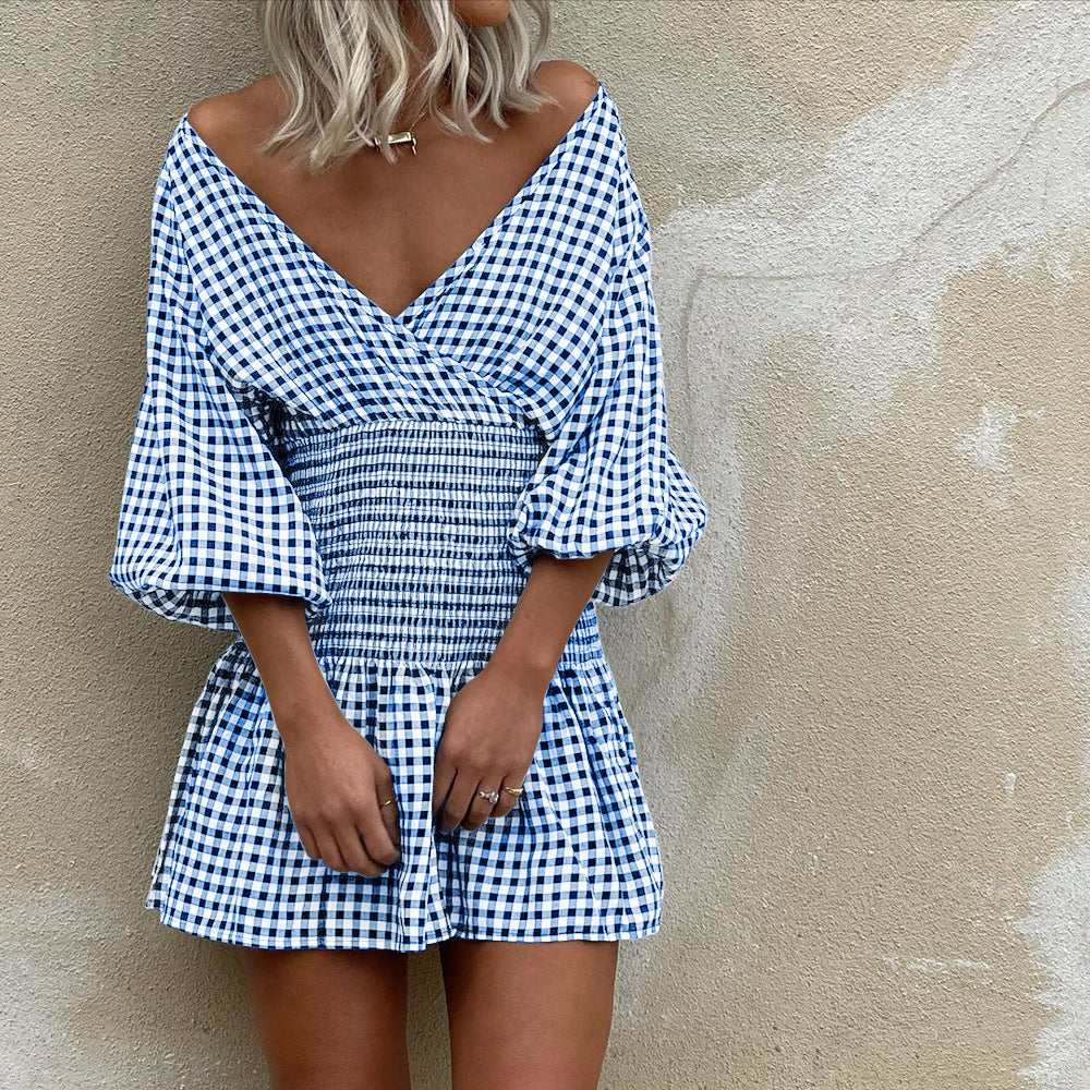 Women’s Mini Dress – Cotton Blend – V-Neck – Puff Sleeves – Elastic Waist – Gingham