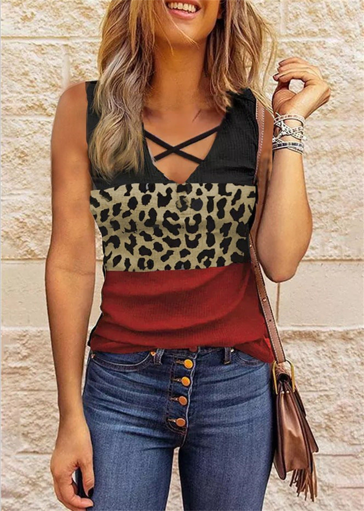 Women’s Sleeveless Top – Slim Fit – Cotton Blend – Crisscross Neckline – Star Stripe Pattern